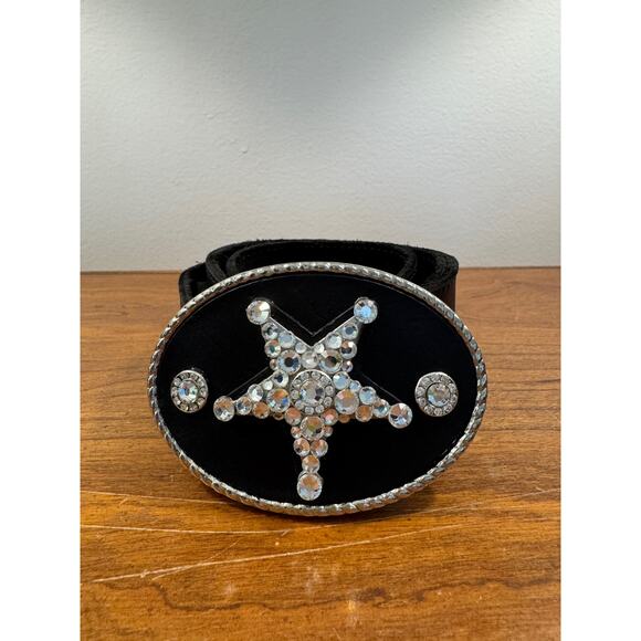 Michelle Monroe Black Leather Belt Swarovski Crystals Star Western Buckle Cowboy - Picture 7 of 7